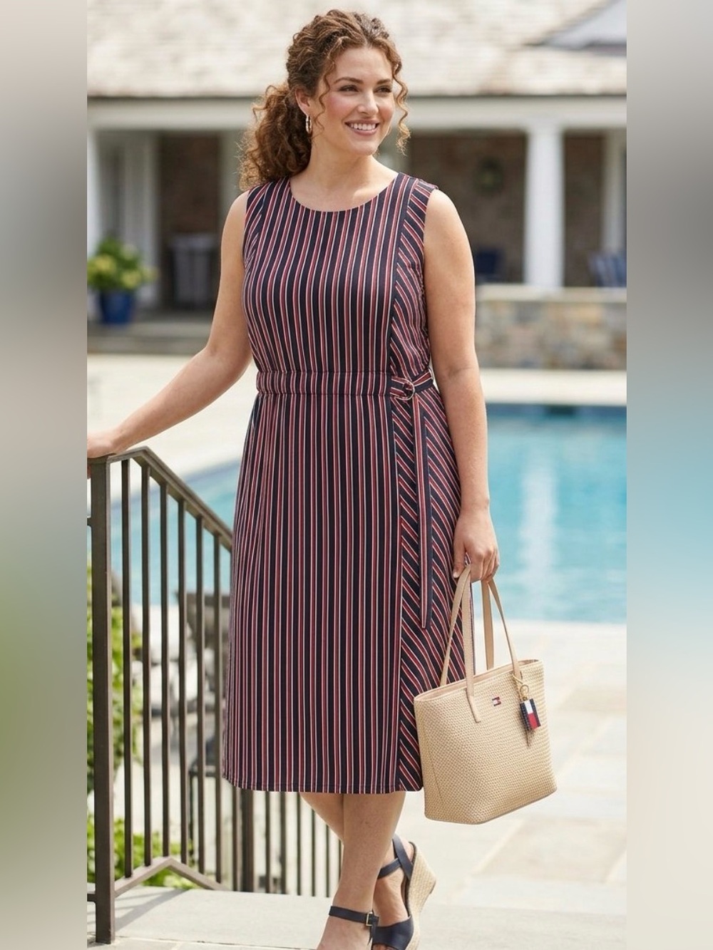 NWT Tommy Hilfiger Catalina Striped Sleeveless Midi Dress XXL Navy Red Belt